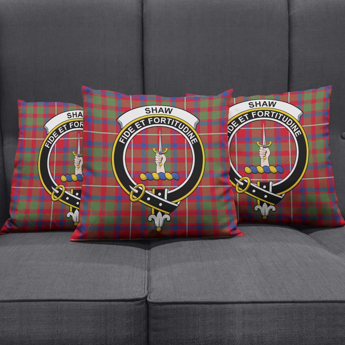 Shaw Red Modern Tartan Pillow Cover with Family Crest Square Pillow Cover - Tartanvibesclothing