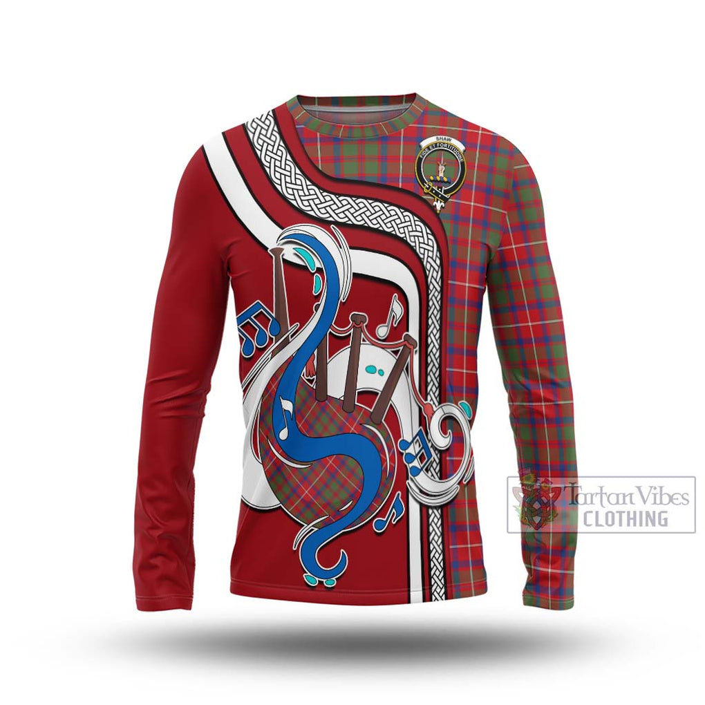 Tartan Vibes Clothing Shaw Red Modern Tartan Long Sleeve T-Shirt with Epic Bagpipe Style