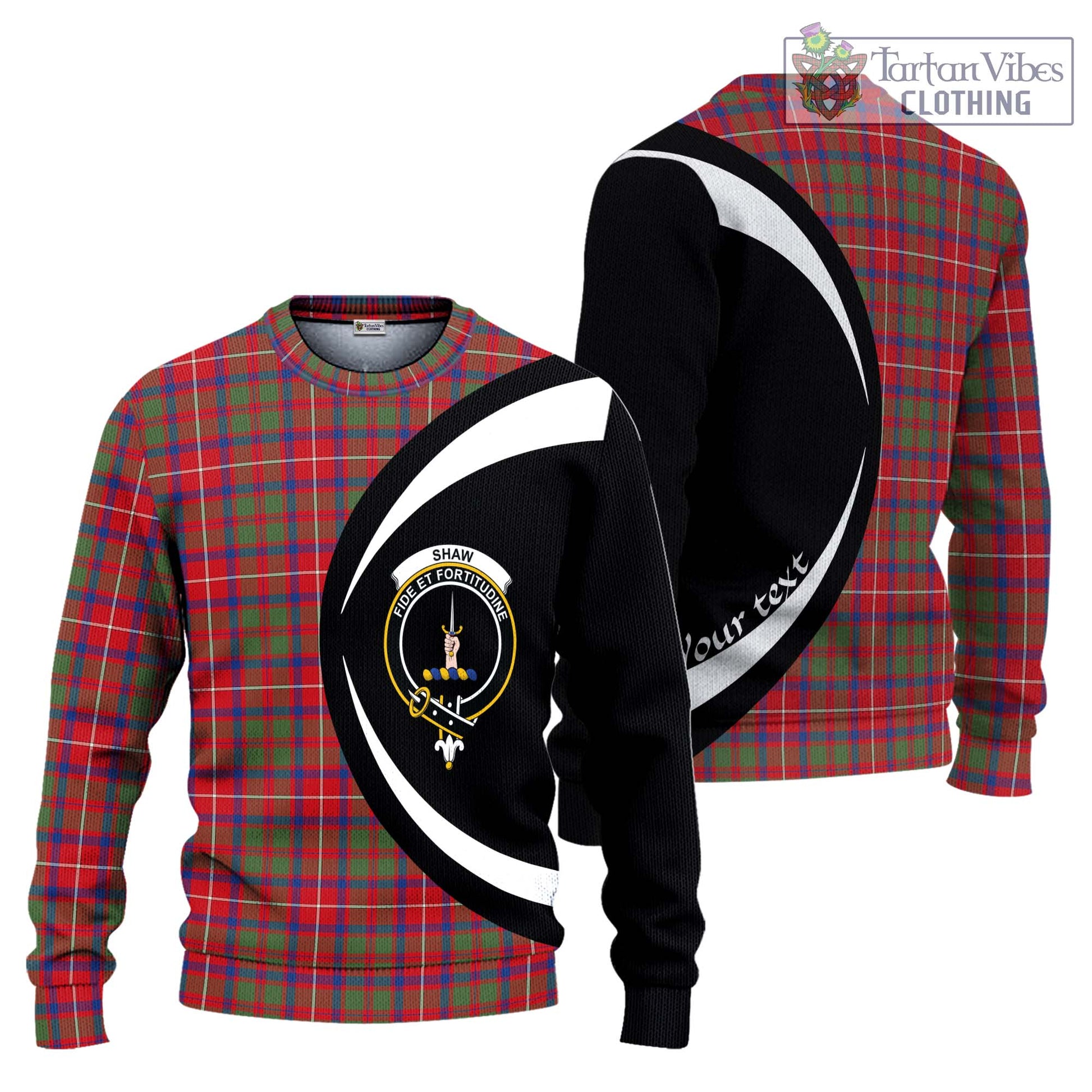 Shaw Red Modern Tartan Knitted Sweater with Family Crest Circle Style Unisex - Tartan Vibes Clothing