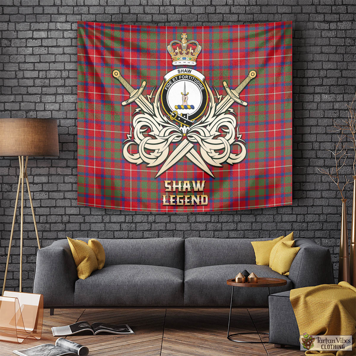 Tartan Vibes Clothing Shaw Red Modern Tartan Tapestry with Clan Crest and the Golden Sword of Courageous Legacy