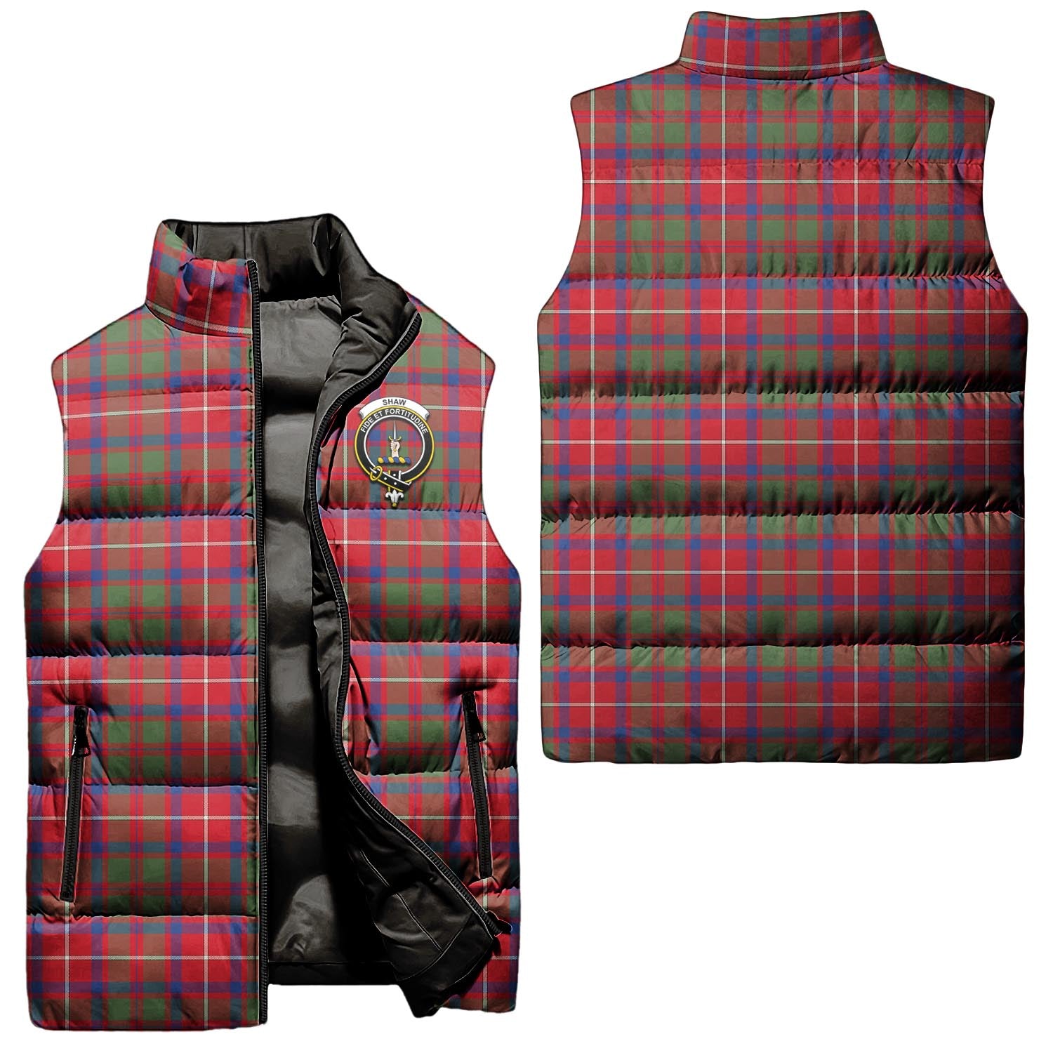 Shaw Red Modern Tartan Sleeveless Puffer Jacket with Family Crest Unisex - Tartanvibesclothing