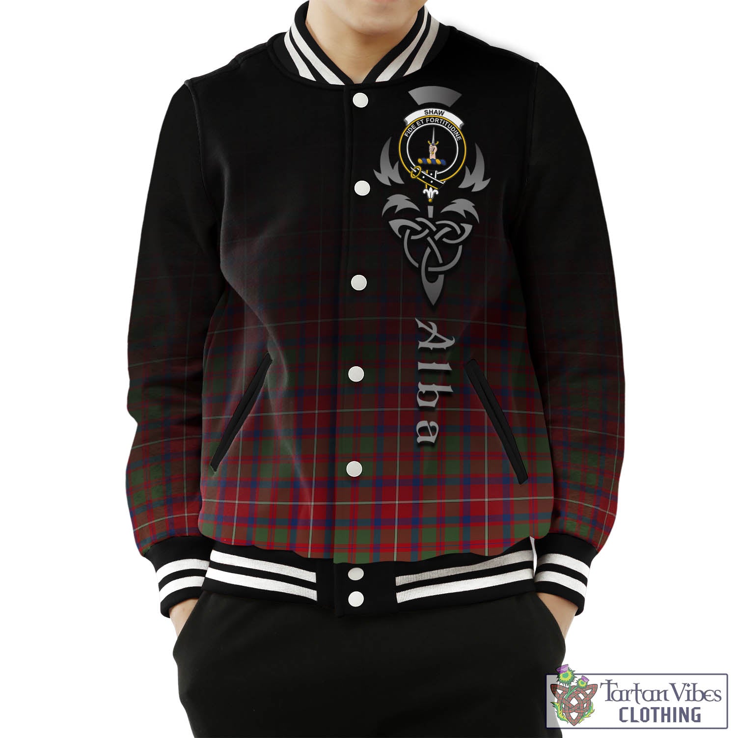 Tartan Vibes Clothing Shaw Red Modern Tartan Baseball Jacket Featuring Alba Gu Brath Family Crest Celtic Inspired