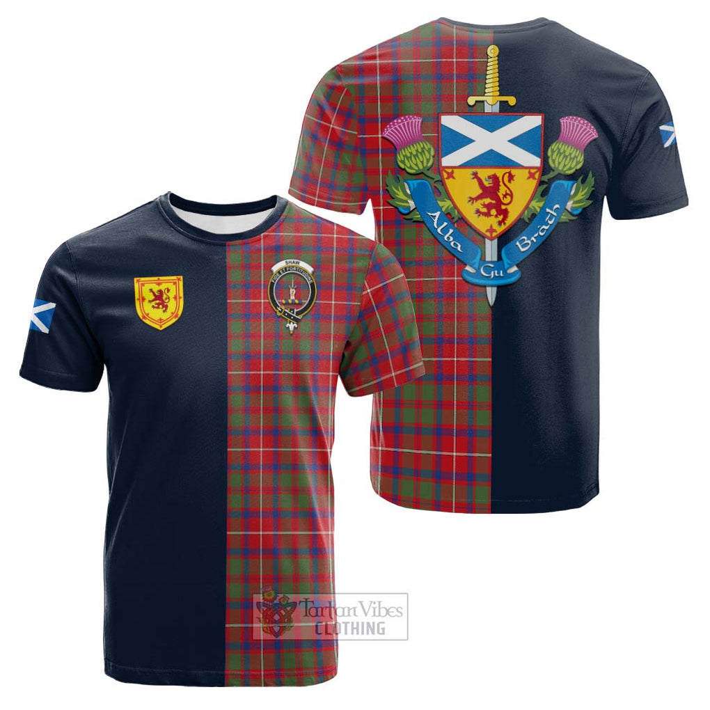 Tartan Vibes Clothing Shaw Red Modern Tartan Cotton T-shirt with Scottish Lion Royal Arm Half Style