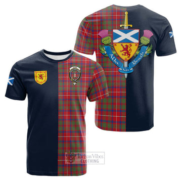 Shaw Red Modern Tartan Cotton T-shirt Alba with Scottish Lion Royal Arm Half Style