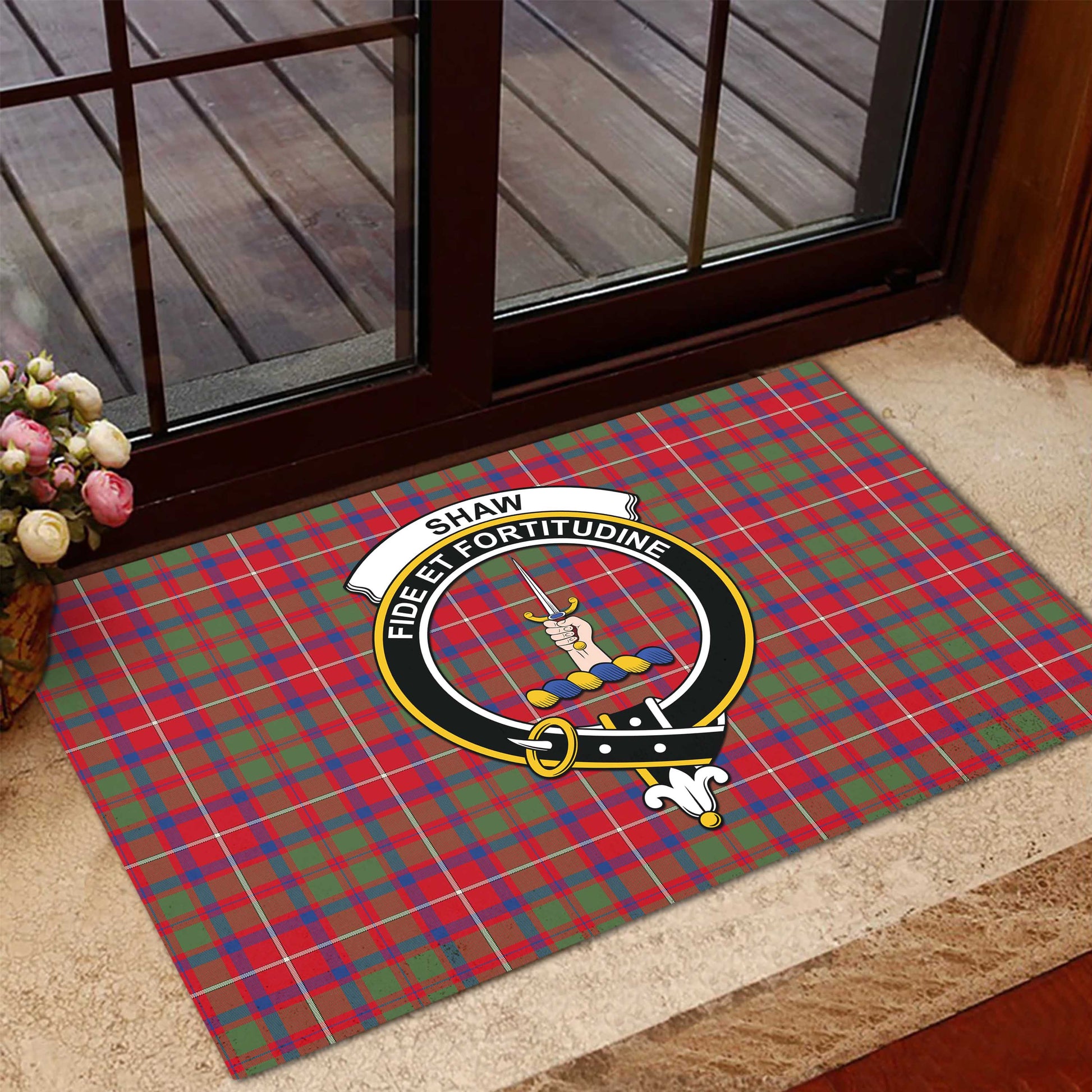 Shaw Red Modern Tartan Door Mat with Family Crest - Tartanvibesclothing Shop