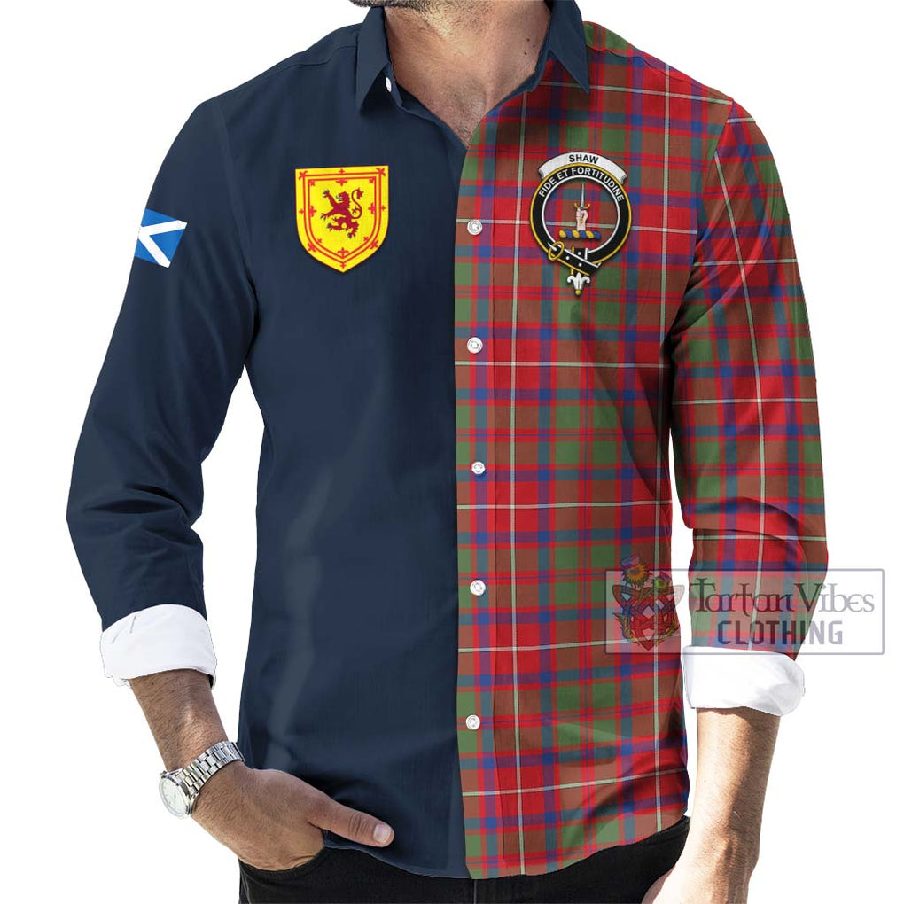 Tartan Vibes Clothing Shaw Red Modern Tartan Long Sleeve Button Shirt with Scottish Lion Royal Arm Half Style