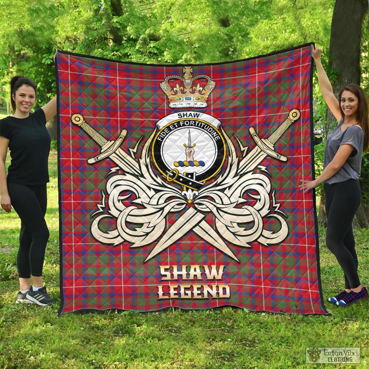 Tartan Vibes Clothing Shaw Red Modern Tartan Quilt with Clan Crest and the Golden Sword of Courageous Legacy