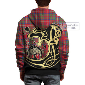 Shaw Red Modern Tartan Hoodie with Family Crest Celtic Wolf Style