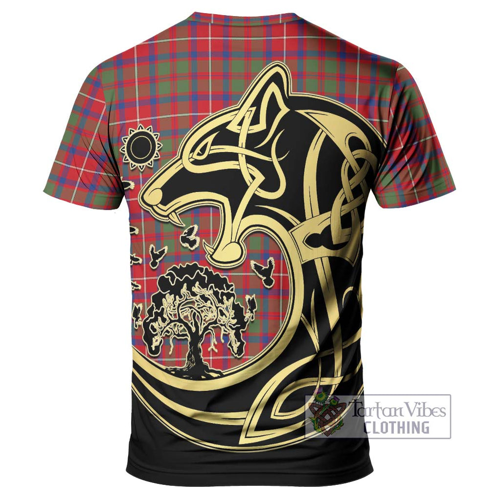 Shaw Red Modern Tartan T-Shirt with Family Crest Celtic Wolf Style - Tartan Vibes Clothing