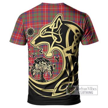 Shaw Red Modern Tartan T-Shirt with Family Crest Celtic Wolf Style