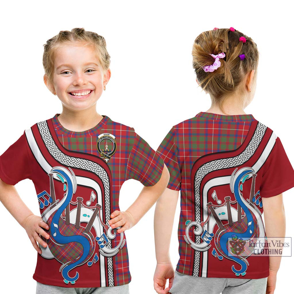 Tartan Vibes Clothing Shaw Red Modern Tartan Kid T-Shirt with Epic Bagpipe Style