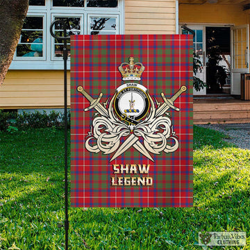 Shaw Red Modern Tartan Flag with Clan Crest and the Golden Sword of Courageous Legacy