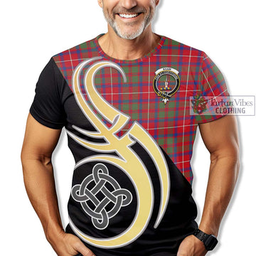 Shaw Red Modern Tartan T-Shirt with Family Crest and Celtic Symbol Style