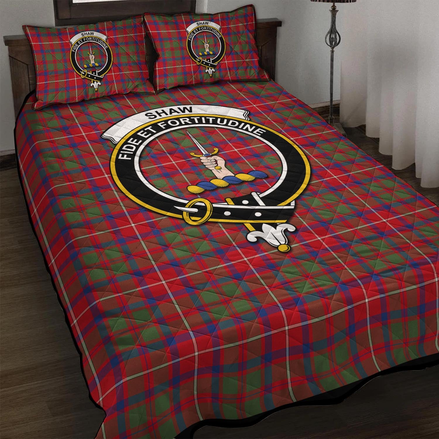 Shaw Red Modern Tartan Quilt Bed Set with Family Crest - Tartan Vibes Clothing