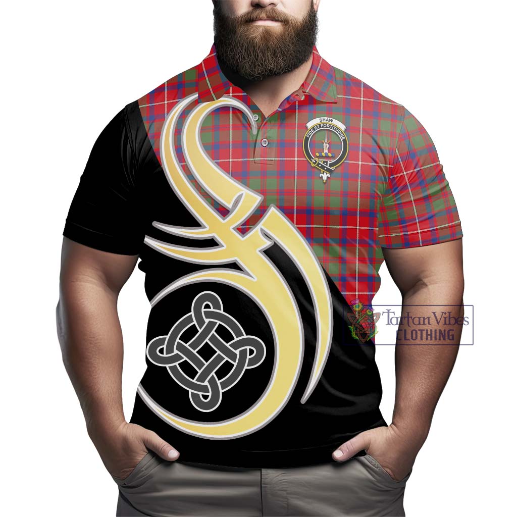 Tartan Vibes Clothing Shaw Red Modern Tartan Polo Shirt with Family Crest and Celtic Symbol Style