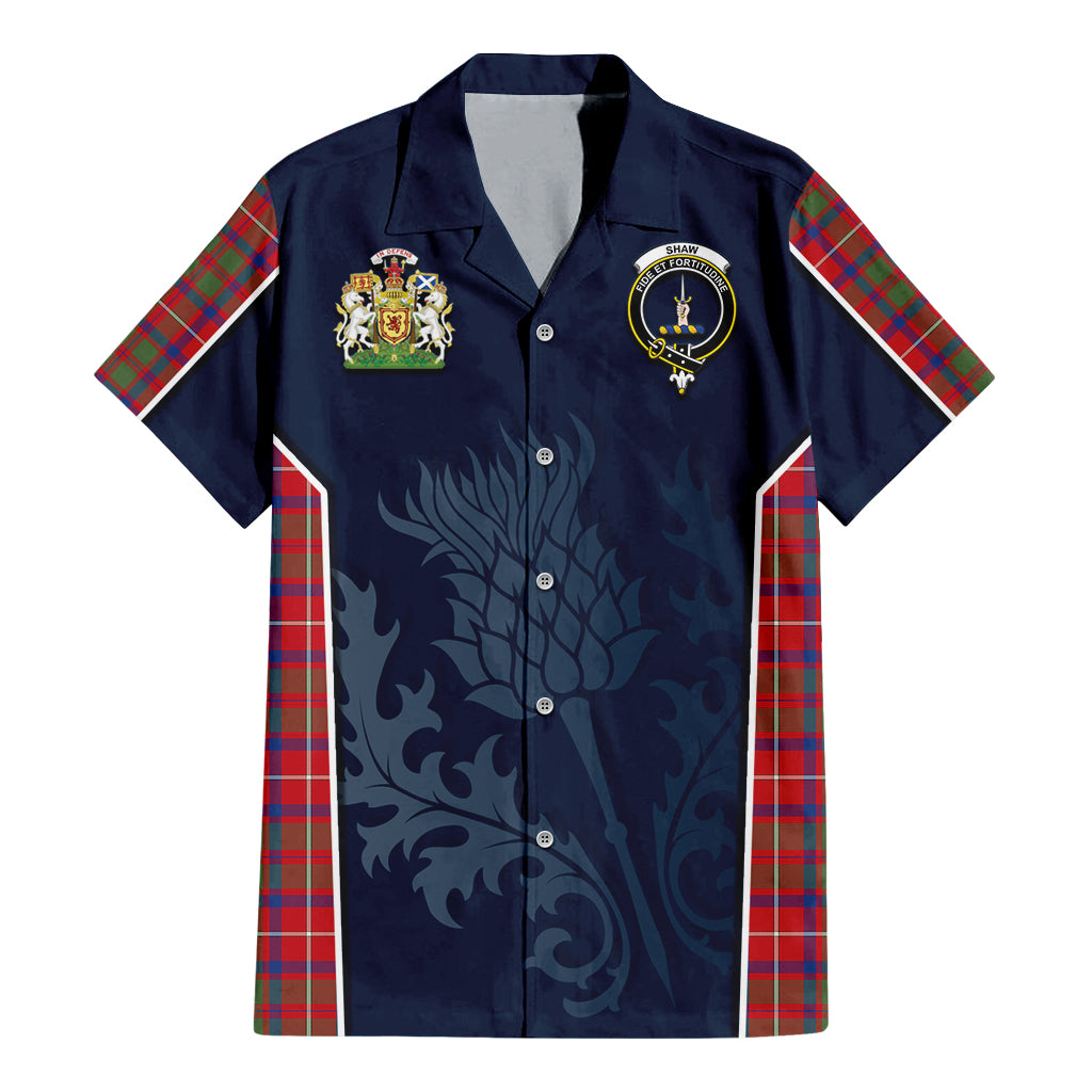 Tartan Vibes Clothing Shaw Red Modern Tartan Short Sleeve Button Up Shirt with Family Crest and Scottish Thistle Vibes Sport Style