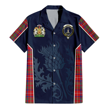 Shaw Red Modern Tartan Short Sleeve Button Up Shirt with Family Crest and Scottish Thistle Vibes Sport Style