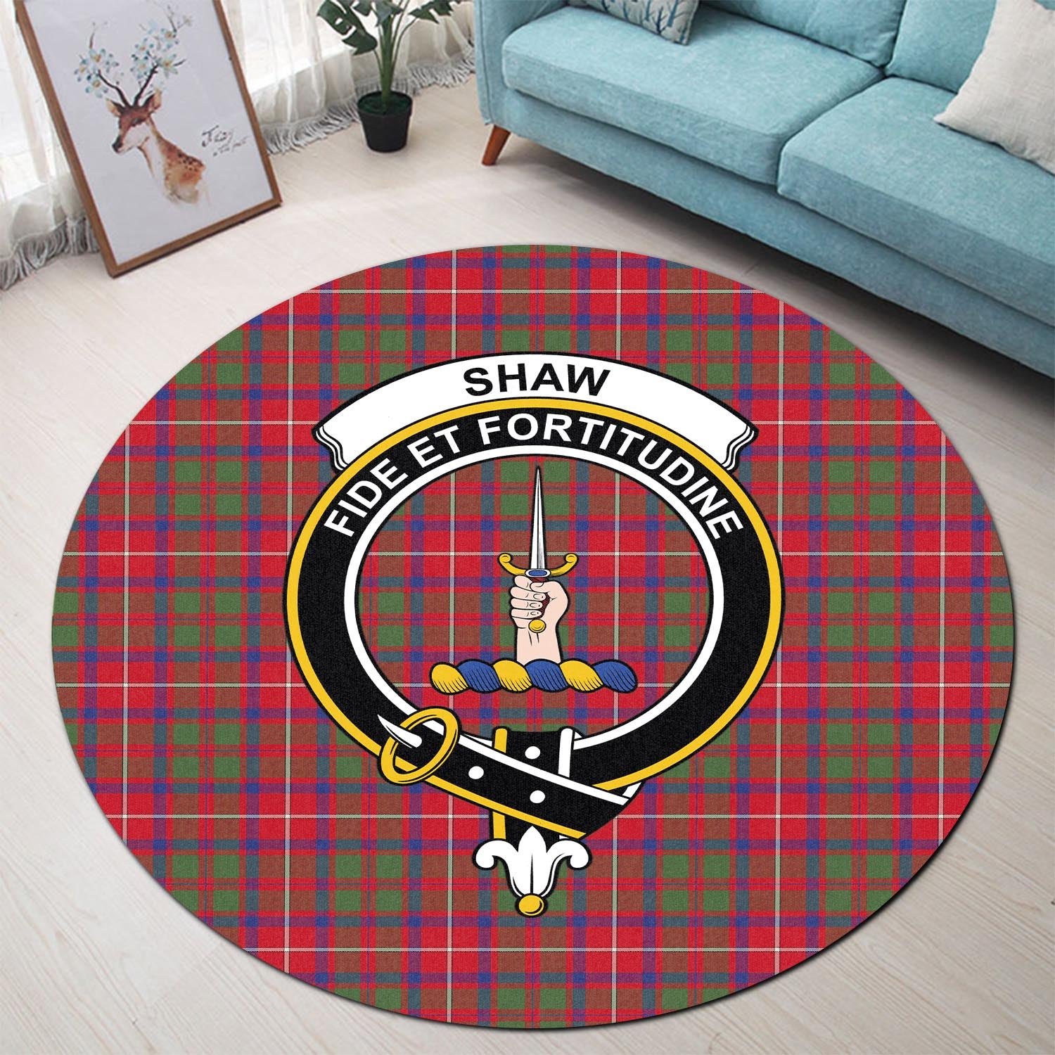 shaw-red-modern-tartan-round-rug-with-family-crest