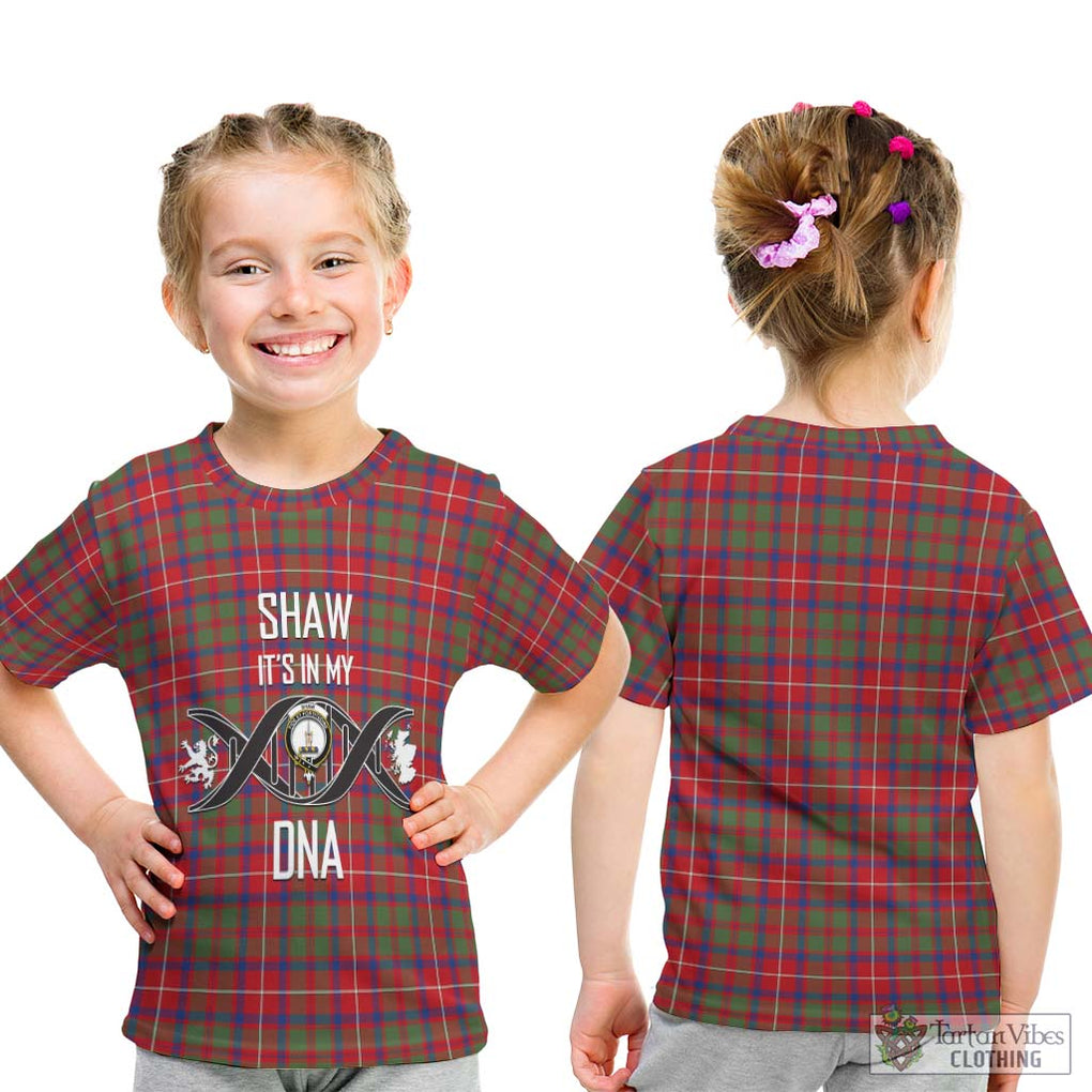 Shaw Red Modern Tartan Kid T-Shirt with Family Crest DNA In Me Style - Tartanvibesclothing Shop