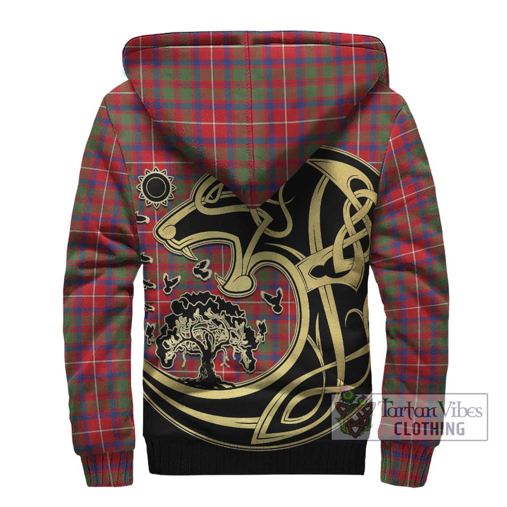 Shaw Red Modern Tartan Sherpa Hoodie with Family Crest Celtic Wolf Style - Tartan Vibes Clothing