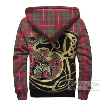 Shaw Red Modern Tartan Sherpa Hoodie with Family Crest Celtic Wolf Style