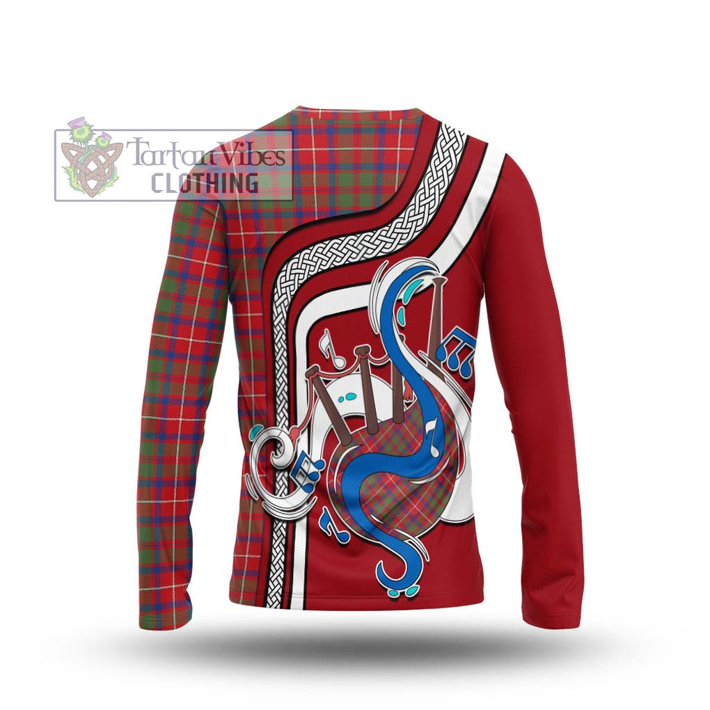 Tartan Vibes Clothing Shaw Red Modern Tartan Long Sleeve T-Shirt with Epic Bagpipe Style