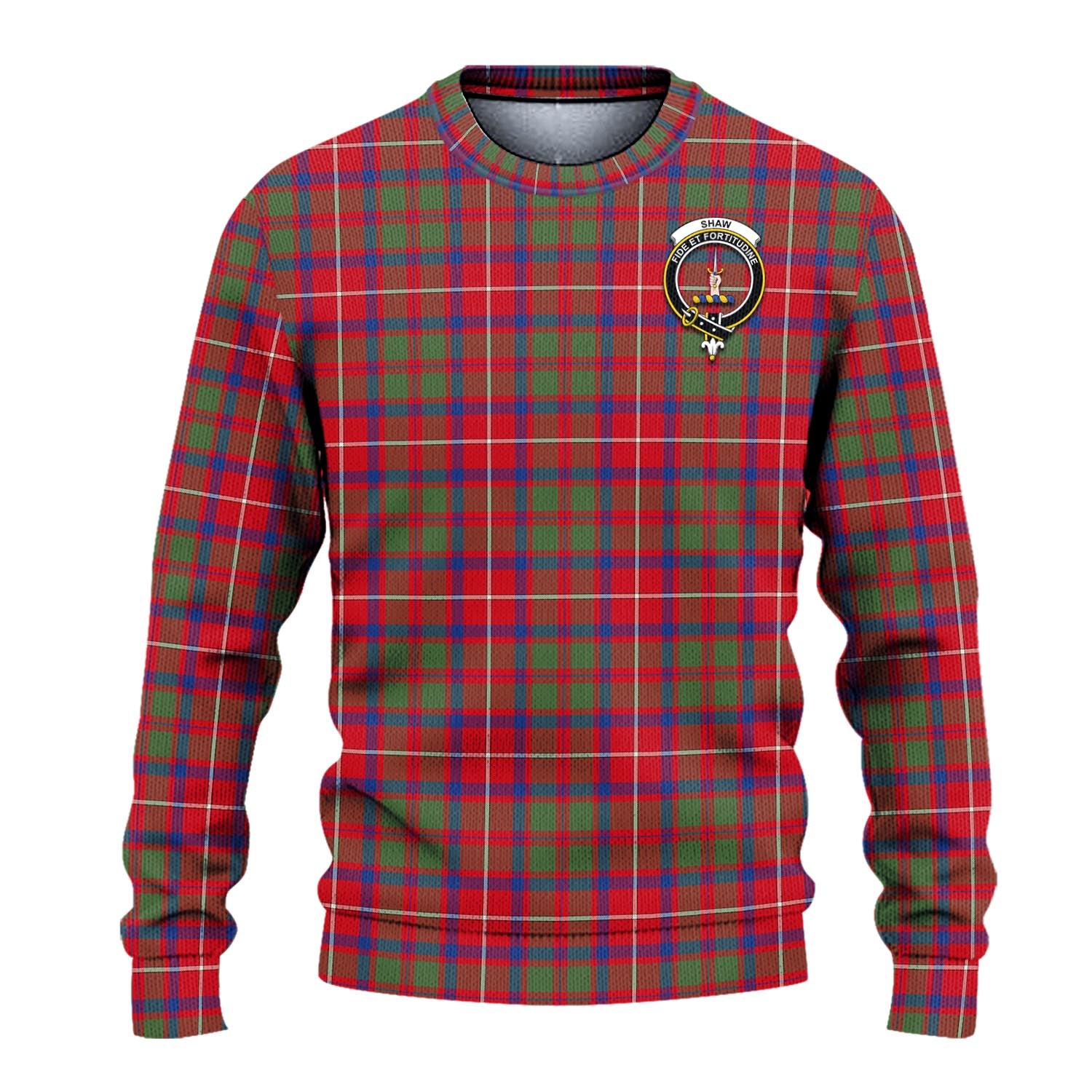 Shaw Red Modern Tartan Knitted Sweater with Family Crest - Tartanvibesclothing