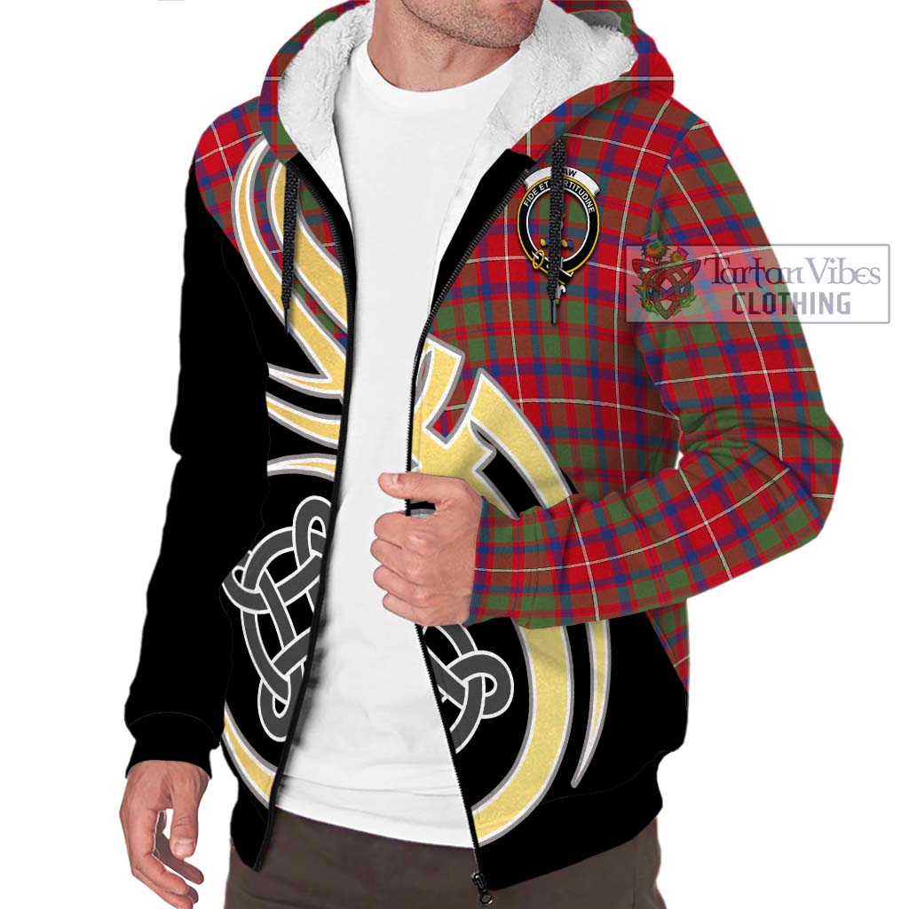 Shaw Red Modern Tartan Sherpa Hoodie with Family Crest and Celtic Symbol Style - Tartan Vibes Clothing