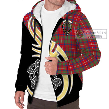 Shaw Red Modern Tartan Sherpa Hoodie with Family Crest and Celtic Symbol Style