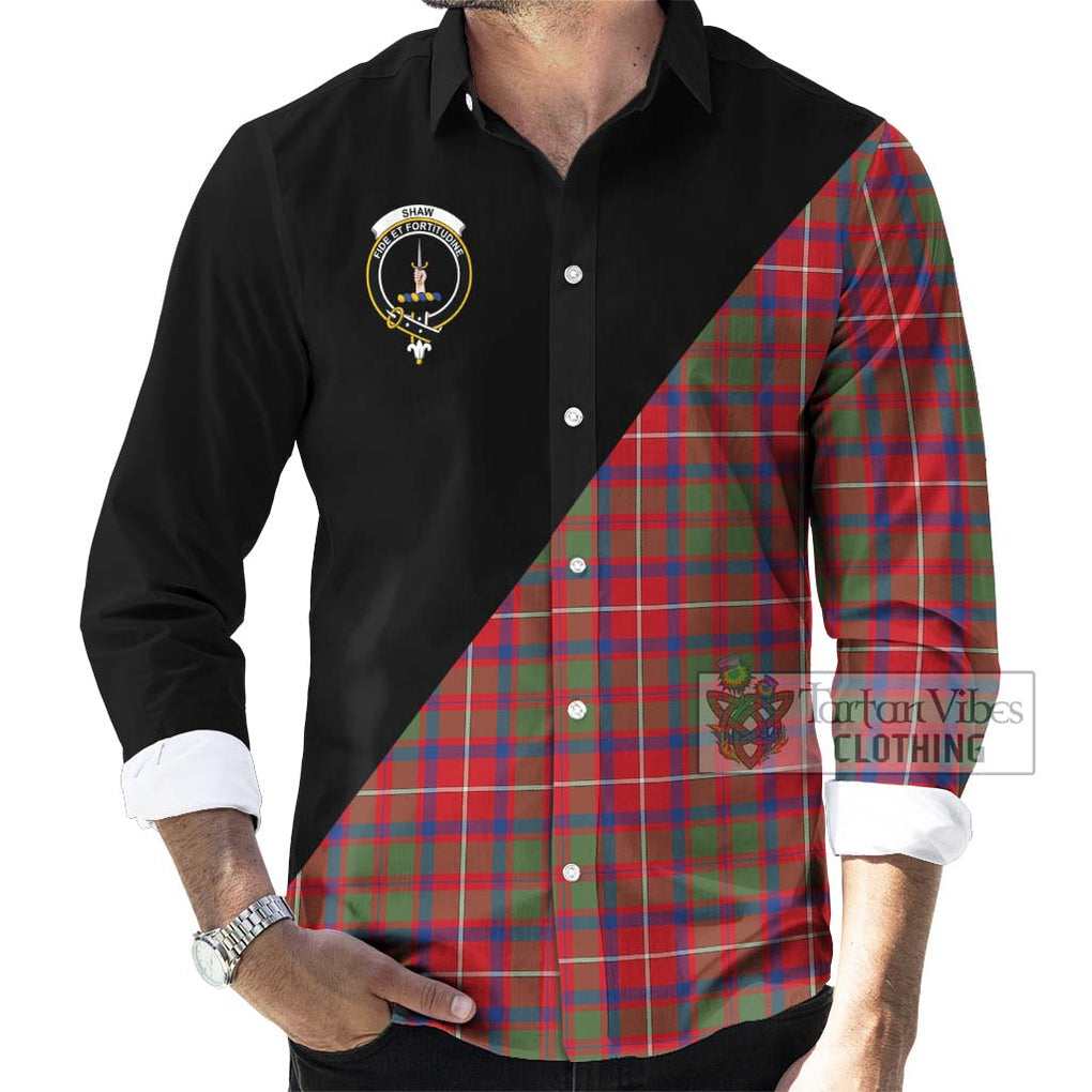 Shaw Red Modern Tartan Long Sleeve Button Shirt with Family Crest and Military Logo Style - Tartanvibesclothing Shop