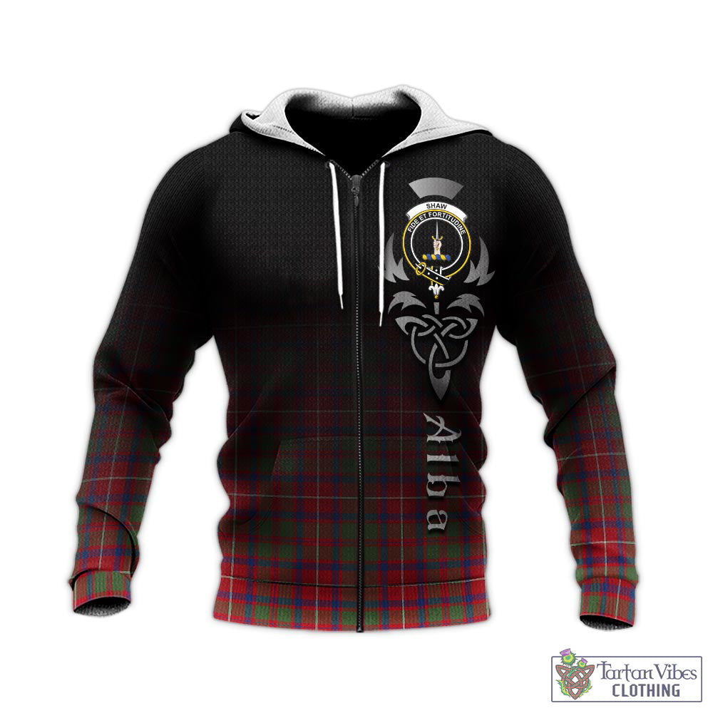 Tartan Vibes Clothing Shaw Red Modern Tartan Knitted Hoodie Featuring Alba Gu Brath Family Crest Celtic Inspired