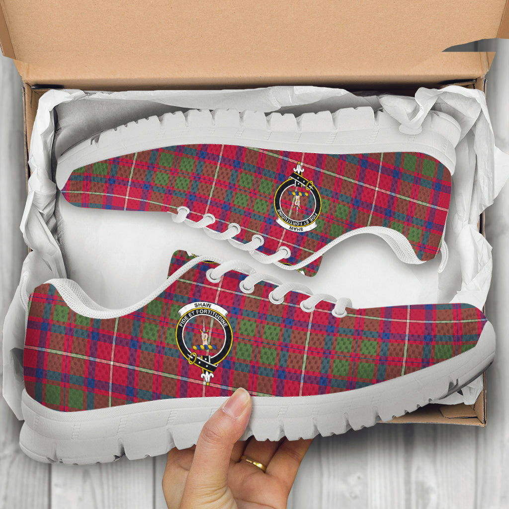 Shaw Red Modern Tartan Sneakers with Family Crest - Tartan Vibes Clothing