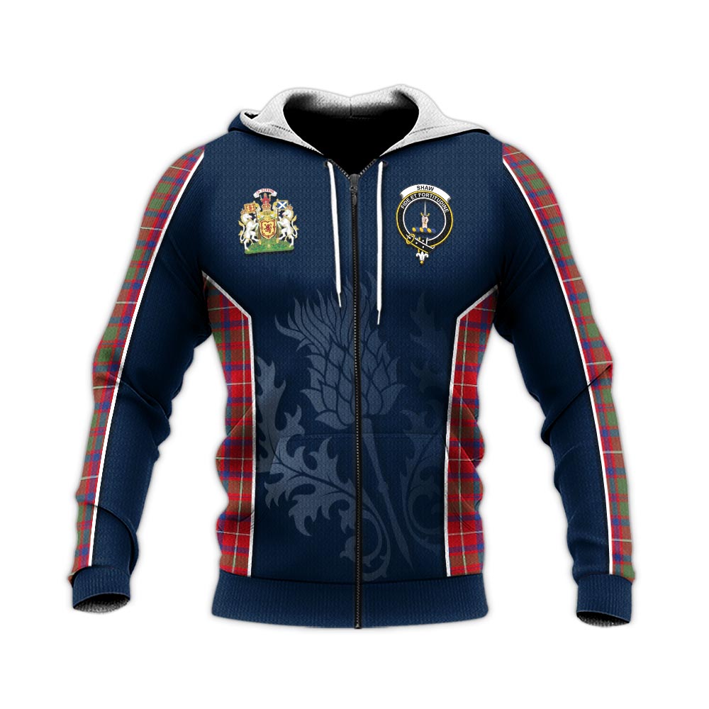 Tartan Vibes Clothing Shaw Red Modern Tartan Knitted Hoodie with Family Crest and Scottish Thistle Vibes Sport Style