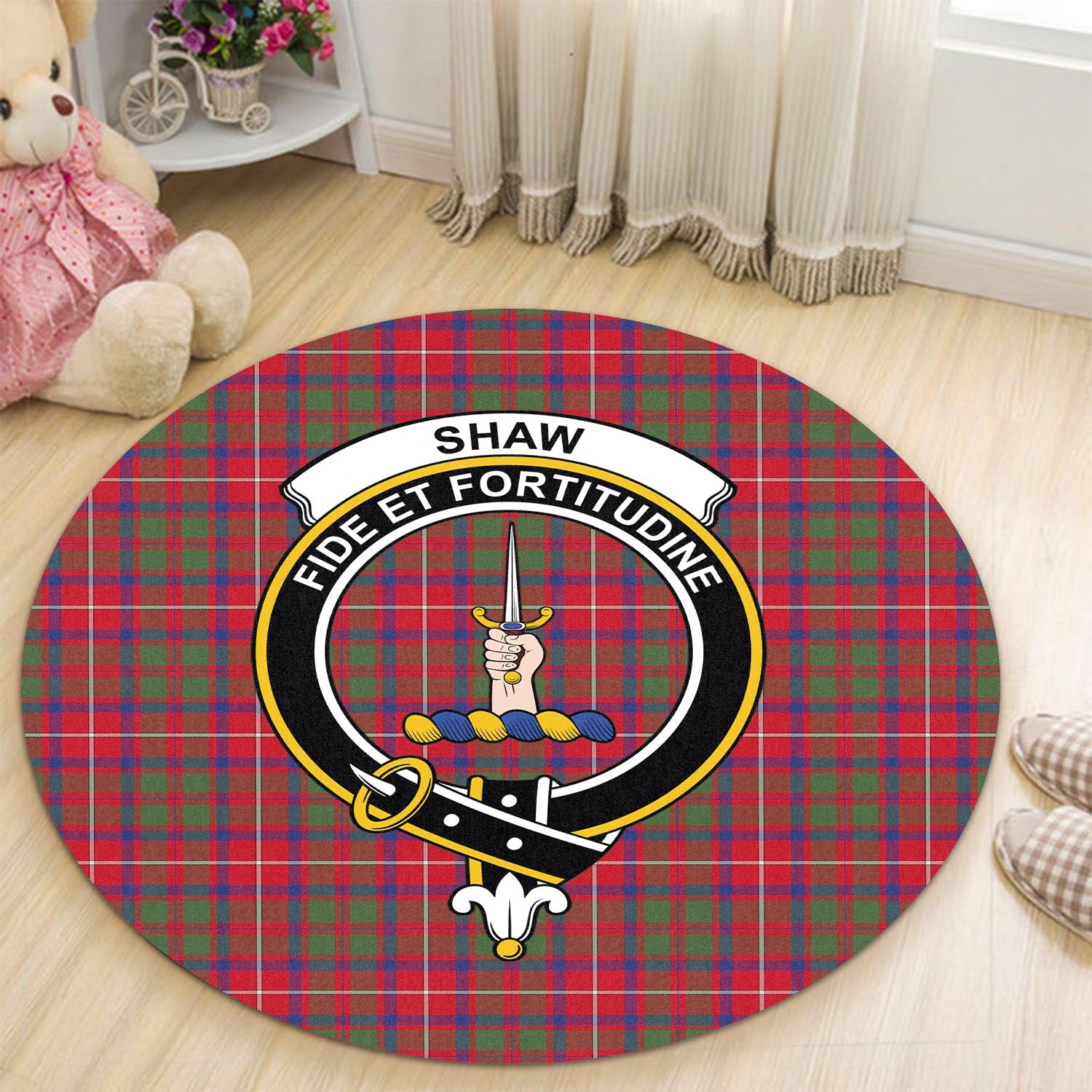 shaw-red-modern-tartan-round-rug-with-family-crest