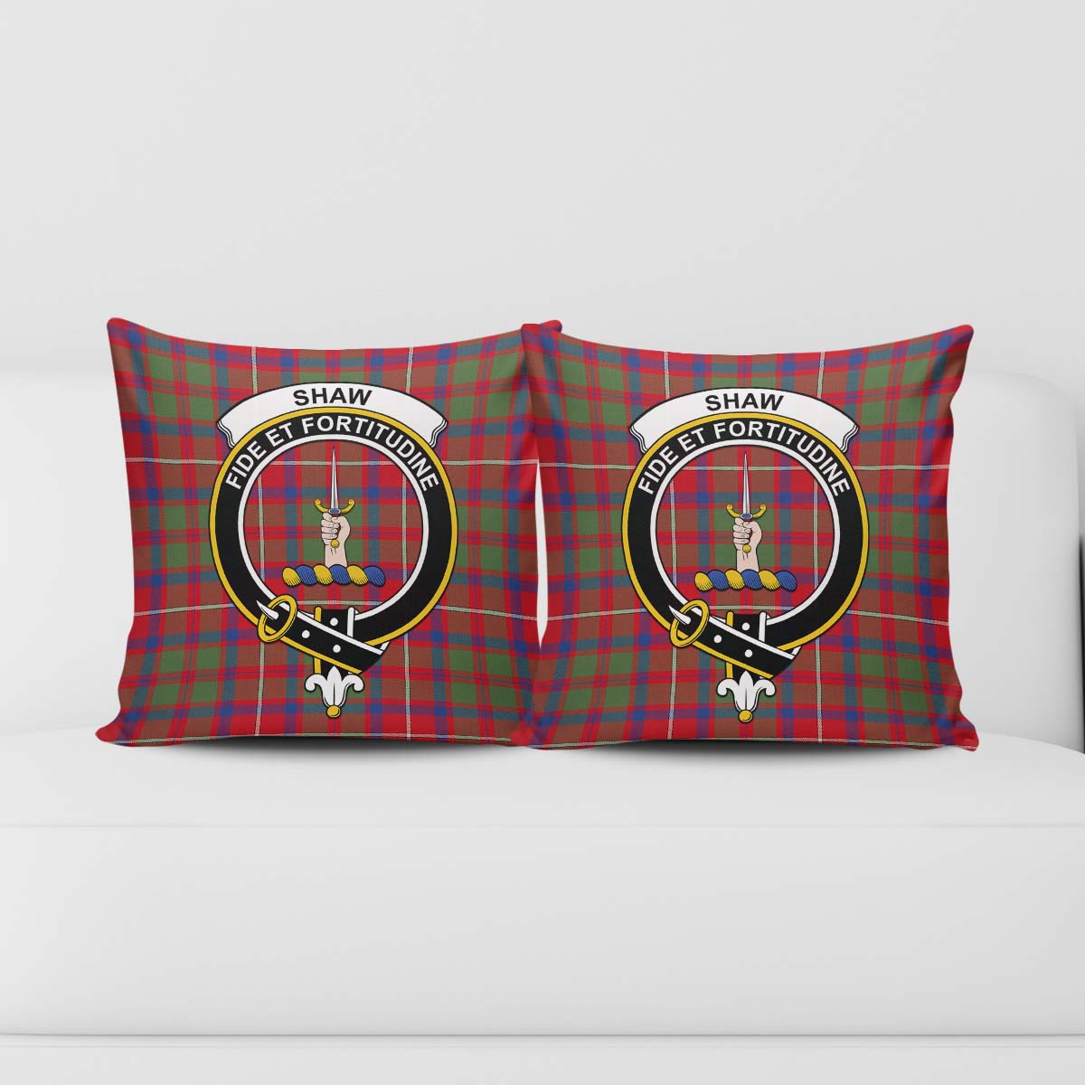 Shaw Red Modern Tartan Pillow Cover with Family Crest - Tartanvibesclothing