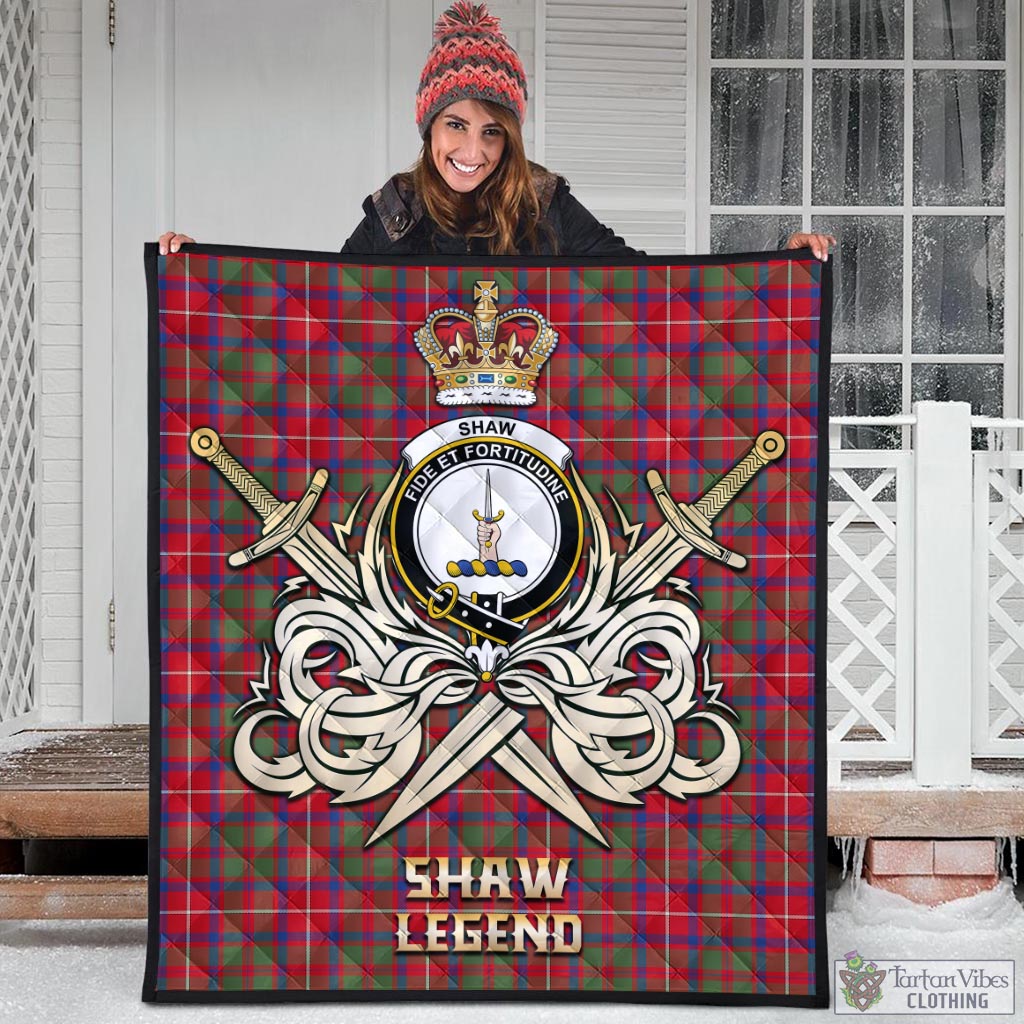 Tartan Vibes Clothing Shaw Red Modern Tartan Quilt with Clan Crest and the Golden Sword of Courageous Legacy