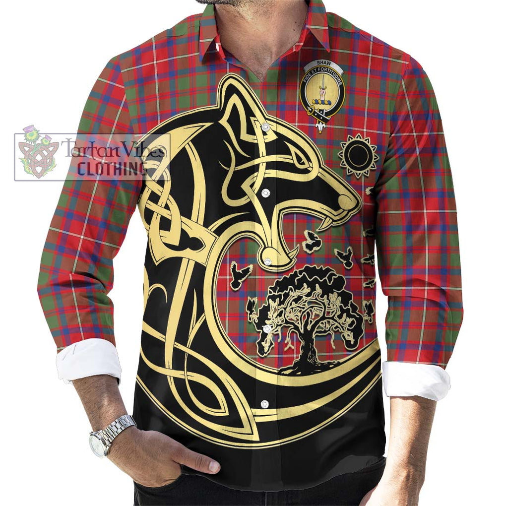 Shaw Red Modern Tartan Long Sleeve Button Shirt with Family Crest Celtic Wolf Style - Tartan Vibes Clothing