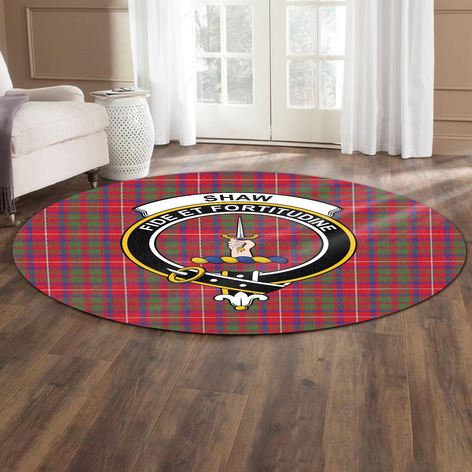 shaw-red-modern-tartan-round-rug-with-family-crest