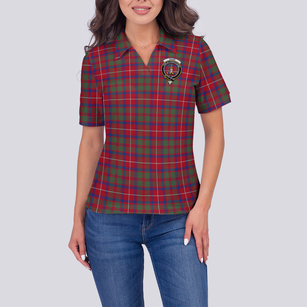shaw-red-modern-tartan-polo-shirt-with-family-crest-for-women