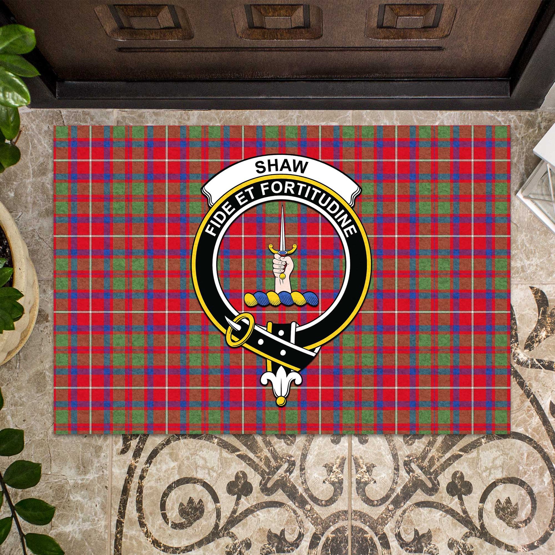 Shaw Red Modern Tartan Door Mat with Family Crest - Tartanvibesclothing Shop