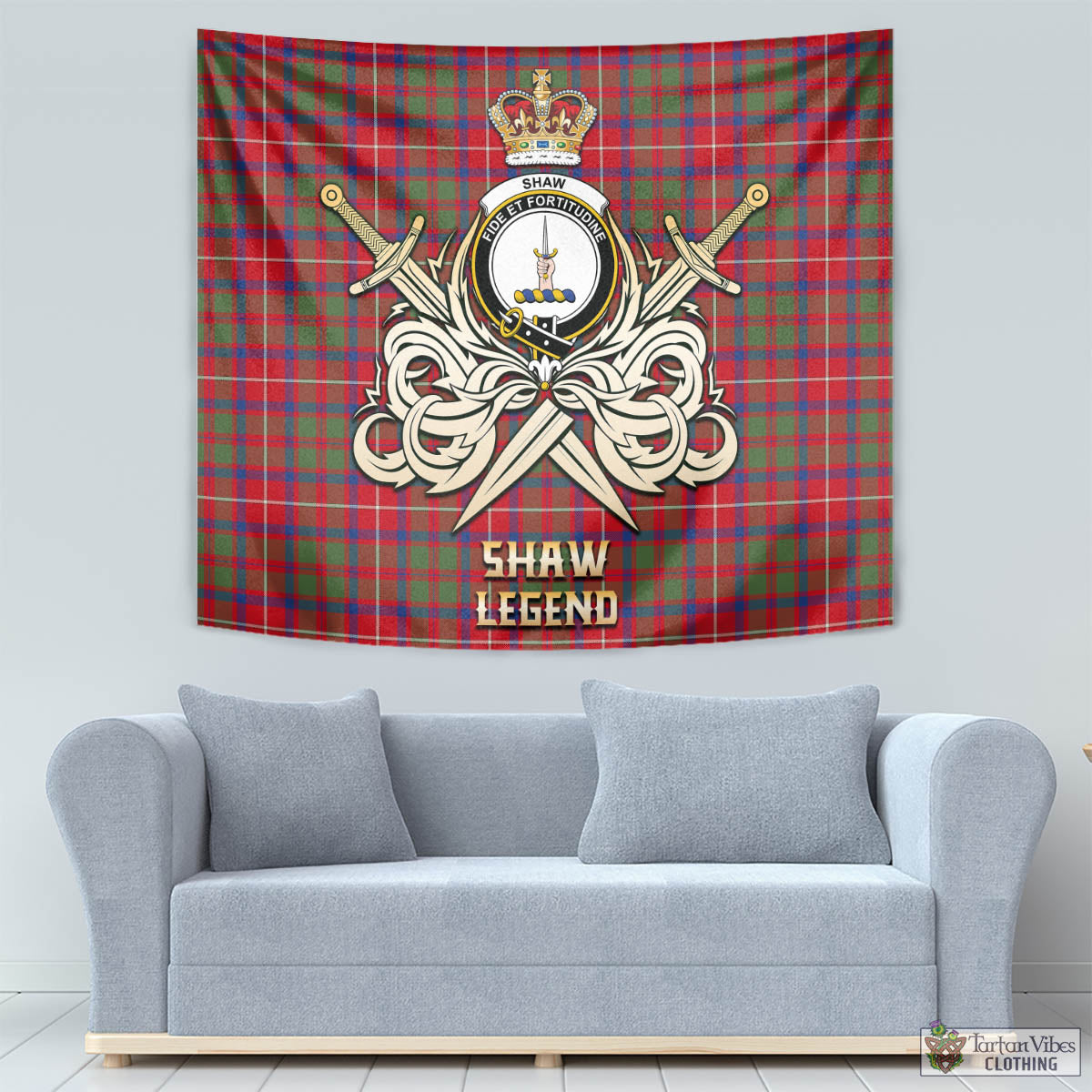 Tartan Vibes Clothing Shaw Red Modern Tartan Tapestry with Clan Crest and the Golden Sword of Courageous Legacy