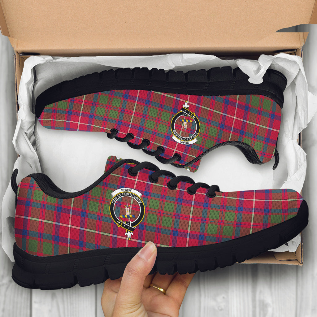 Shaw Red Modern Tartan Sneakers with Family Crest - Tartan Vibes Clothing