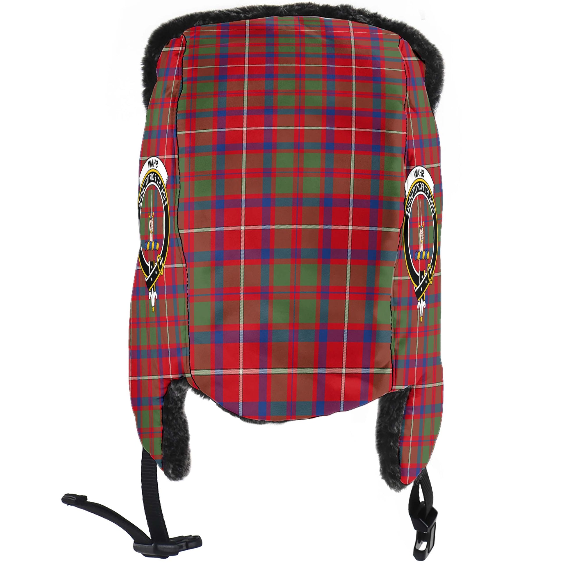 Shaw Red Modern Tartan Winter Trapper Hat with Family Crest - Tartanvibesclothing