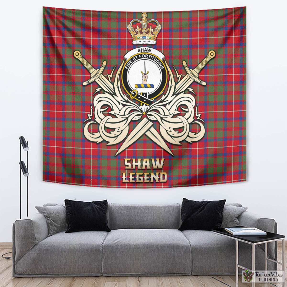 Tartan Vibes Clothing Shaw Red Modern Tartan Tapestry with Clan Crest and the Golden Sword of Courageous Legacy