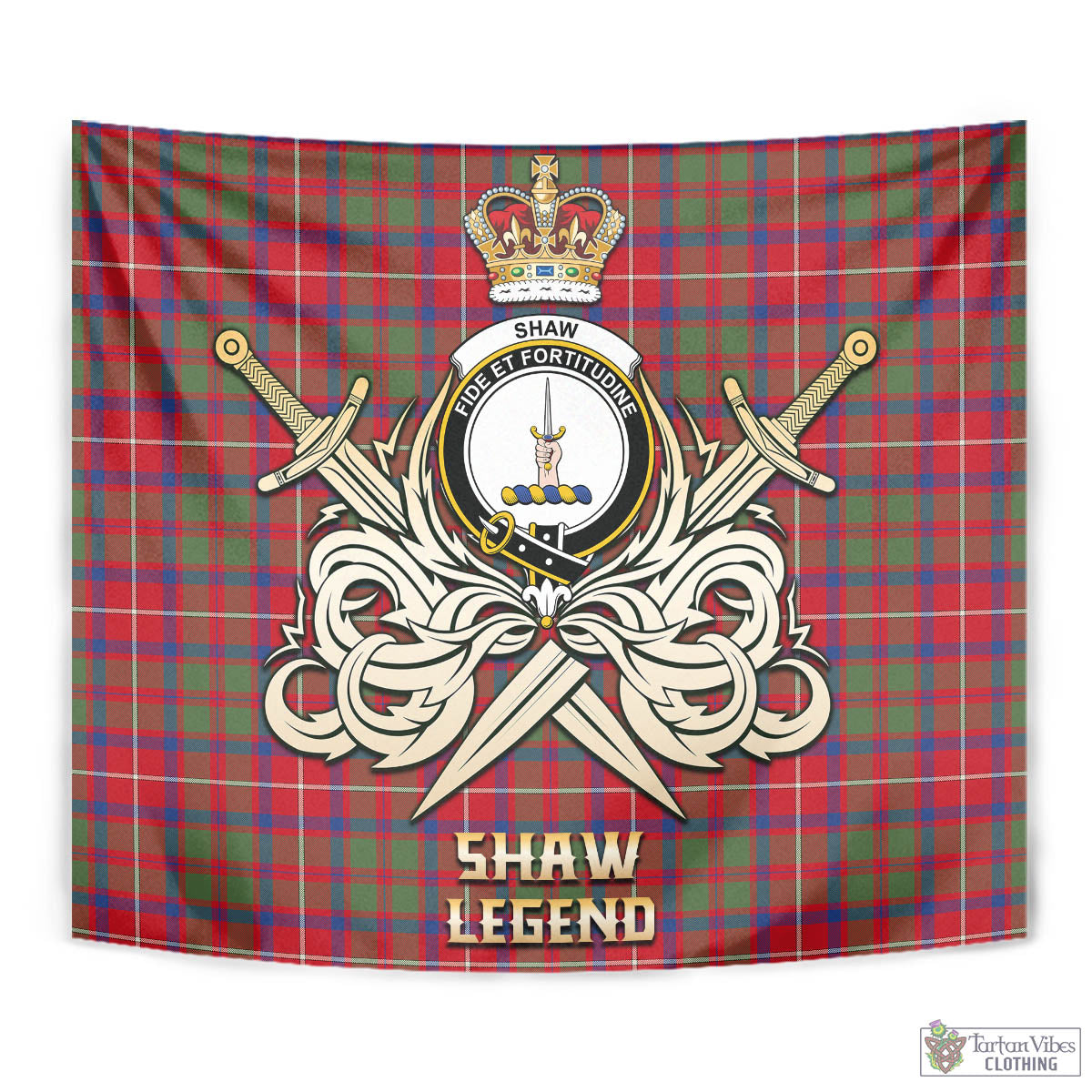 Tartan Vibes Clothing Shaw Red Modern Tartan Tapestry with Clan Crest and the Golden Sword of Courageous Legacy