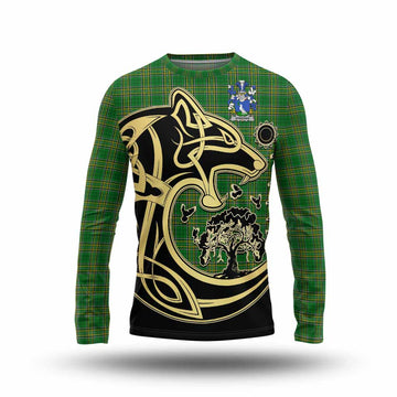 Sheehan Irish Tartan Long Sleeve T-Shirt with Coat of Arms Celtic Wolf Style Unisex - Tartan Vibes Clothing