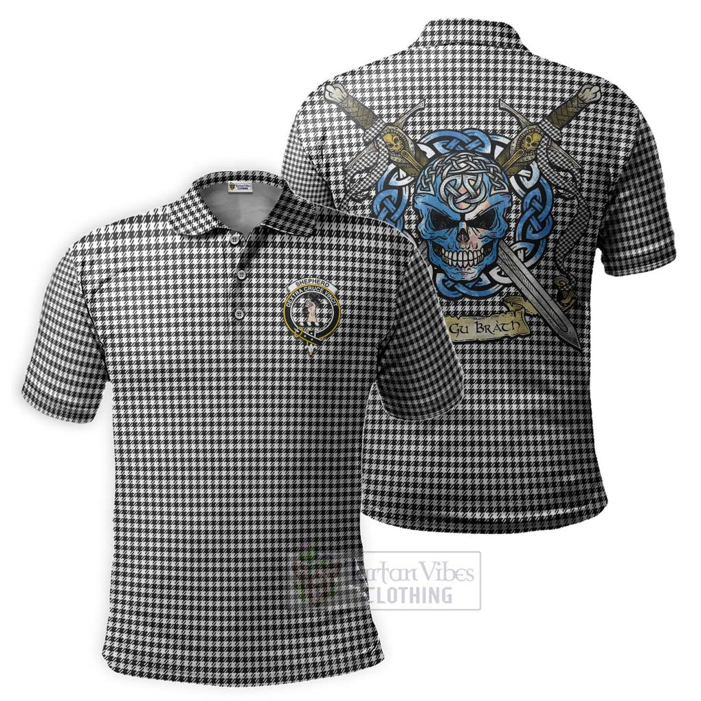 Tartan Vibes Clothing Shepherd Tartan Polo Shirt with Family Crest Celtic Skull Style