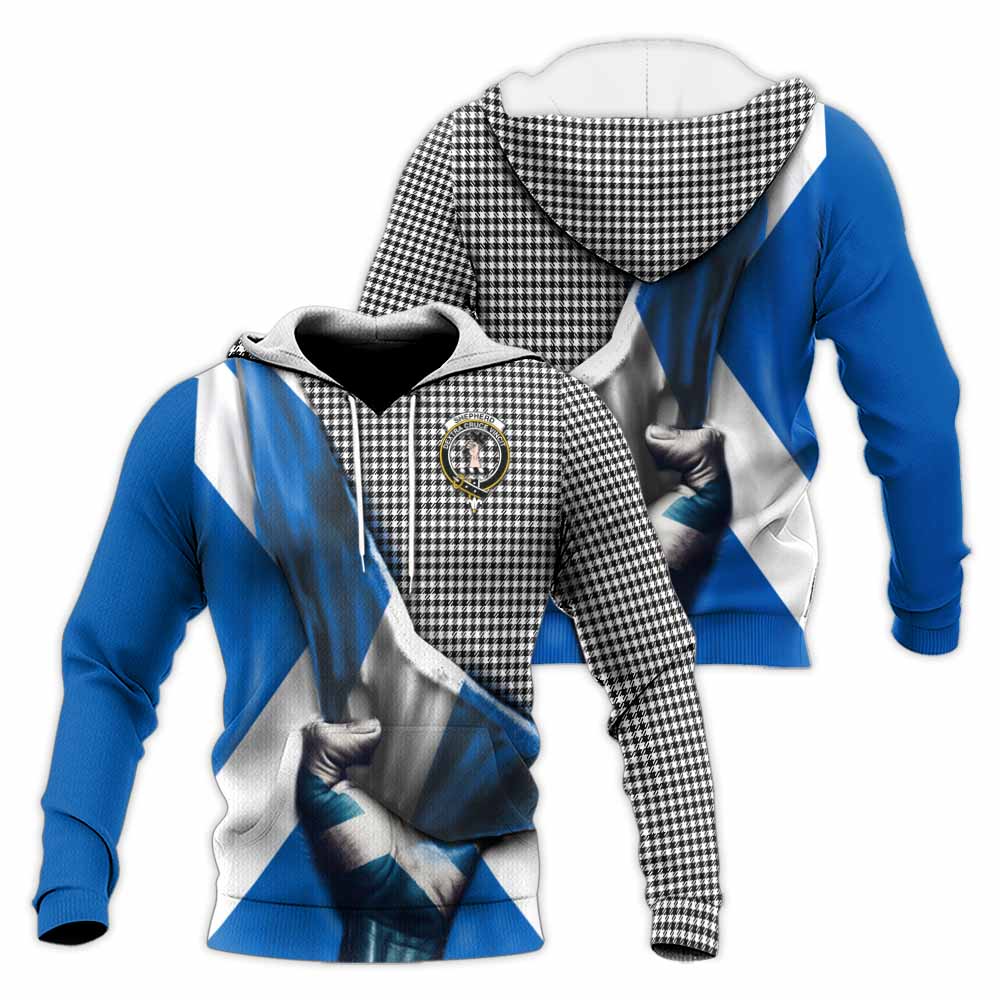 Tartan Vibes Clothing Shepherd Tartan Knitted Hoodie with Family Crest Scotland Patriotic Style