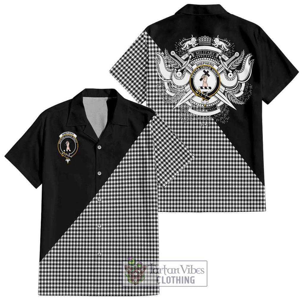 Shepherd Tartan Short Sleeve Button Shirt with Family Crest and Military Logo Style Kid - Tartanvibesclothing Shop