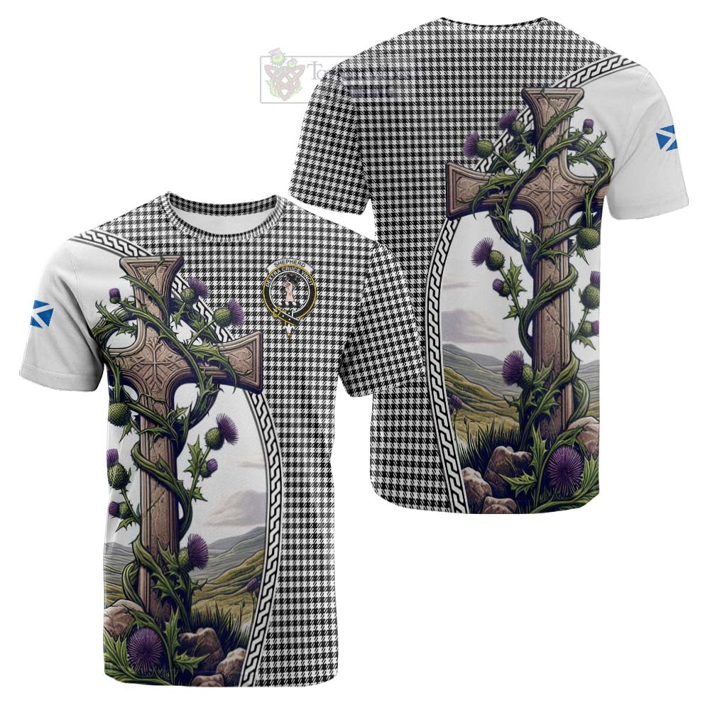 Tartan Vibes Clothing Shepherd Tartan Cotton T-shirt with Family Crest and St. Andrew's Cross Accented by Thistle Vines